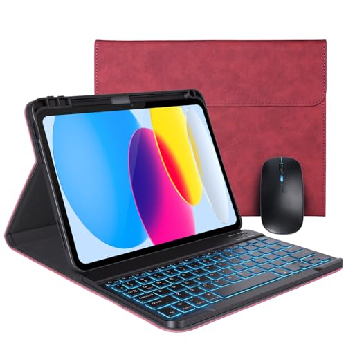 Case Keyboard for 11 inch iPad 11th (A16, 2025) - 10th Generation,Mouse and Detachable Wireless 7 Color Rainbow Backlight Magnetic Keyboard,Premium PU Leather Cover with Auto Sleep-Wake,Claret Red
