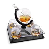 Bezrat Etched Globe Whiskey Decanter Set + 4 Whisky Glasses 10 Oz. - Wood Mahogany Acrylic Base Tray...