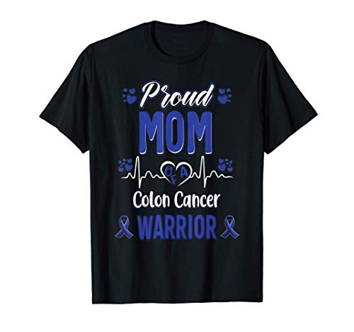 proud Mom Colon cancer warrior awareness ribbon Blue Camiseta
