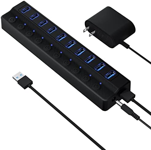 Onfinio Powered USB Hub 3.0, 10-Port USB Splitter Hub with Individual On/Off Switches and 12V/2A Power Adapter USB Extension