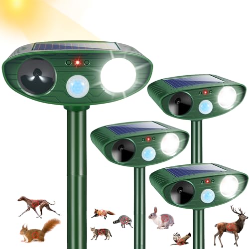 4 Pcs Solar Ultrasonic Animal Repeller Outdoor, Cat & Deer Repellent with Strobe Light, Waterproof Animal Deterrent Devices to Protect Garden Yard from Rabbit, Raccoon, Squirrel, Dog, Coyote, Skunk
