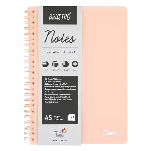 BRUSTRO Notas tamaño A5, 1 cuaderno rayado, 80 hojas/160 páginas, papel marfil de 70 g/m², cubierta de caramelo, diseño encuadernado con alambre, esquinas redondeadas, hojas microperforadas con un