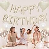 Happy Birthday Balloon Banner Cream, 16 Inch Beige Mylar Letters Heart Foil Balloons Pearl White Sand White Metallic Champagne Gold Balloons Boho Neutral Birthday Decorations for Girls Women Boy Men - Image 6