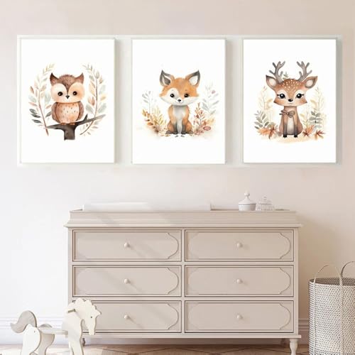 3 Affiche Animaux Jungle Chambre Bebe Renard Hibou Cerf Foret 30x40cm Tableau Enfant Marron Boho Poster Mural Chambre Enfant Affiche Décorative Animaux Savane Enfant...
