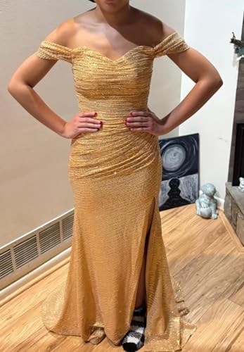 Sparkly Sequin Mermaid Prom Dresses 2024 Off Shoulder Pleated Long Ball Gown V Neck Evening Party Gown with Slit3