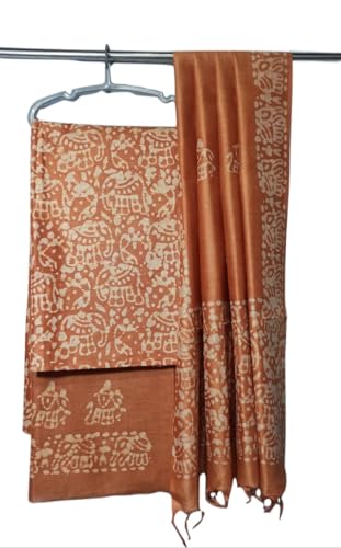 Image of STB-SILK TEXTILES BHAGALPUR Women's Cotton Silk Handcrafted Batik Print Unstitched Salwar Suit Dress Material With Duputta (Maroon)