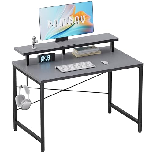 Image of Pamray 32 Inch Small Computer Desk with Monitor Stand, Simple Office Desk with Headphone Hook for Small Spaces, Kids Study Writing Table for Bedroom, Grey