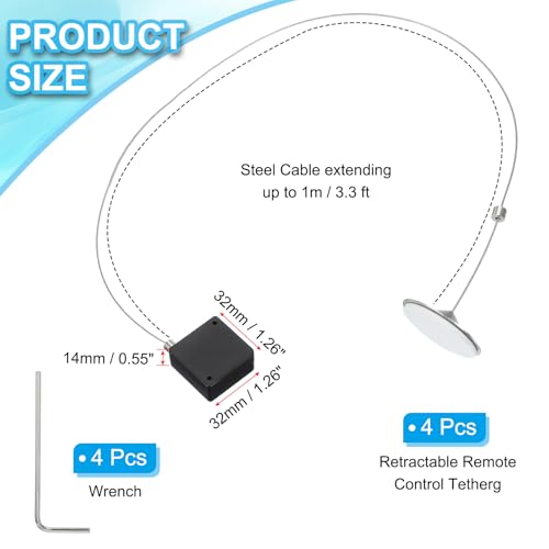 Image of PATIKIL 3.3 Ft Retractable Remote Control Tether, 4 Pcs Square Security Cable Lanyard Lock Pause Style with Adjustable Clasp Adhesive for TV Remote Controller, Black(Round Iron Cap)