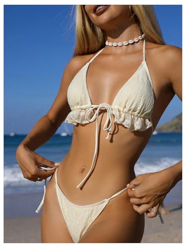 GORGLITTER Women's Lace Triangle Halter Swimsuit High Waisted Bikini Sets with Swim Sarong Coverup 3 Piece Bathing Suit4