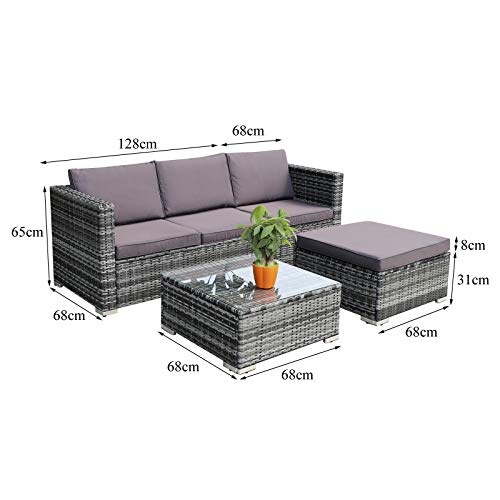 Hansson Polyrattan Gartenmöbel Lounge Set Sitzgruppe Garnitur Poly Rattan inkl. Sofa Sessel Kissen Hocker Tisch mit Glas… – Bild 4