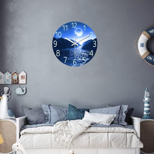 Image of XFM Blue Moon Wall Clock Battery Operated 12 Inch | Silent Non-Ticking Modern Glass Nature Analog Decorative for Kitchen Bedroom Home Office