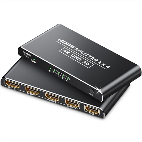 KiWiBiRD HDMI Splitter 1 in 4 out, HDMI splitter for 4 monitors support 4K 2160p 1440p 1080p HDCP 3D mirror, compatible with PC, TV, PS5 PS4, laptop, projector, game consoles