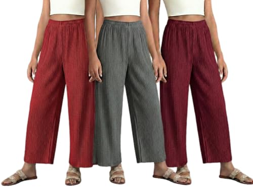 Image of Set of Combo Trouser and Pants for Girls and Women's Relaxed Fit Stretchable Regular Fit Palazzos Lightweight Elastic Waistband Bottoms for Daliy Office & Casual Wear