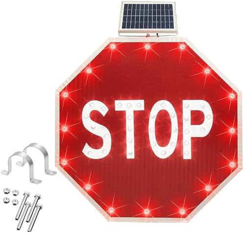 Solar Powered LED Stop Sign - Flashing Traffic Sign, 32IN Aluminum Octagon with Reflective Film, Durable Solar LED Blinking Road Safety Signal