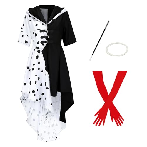 JQMAO Halloween Deguisement Femme pour Cruella Deville: Carnaval Cardigan Robe - Déguisement Mardi Gras Femme (L)