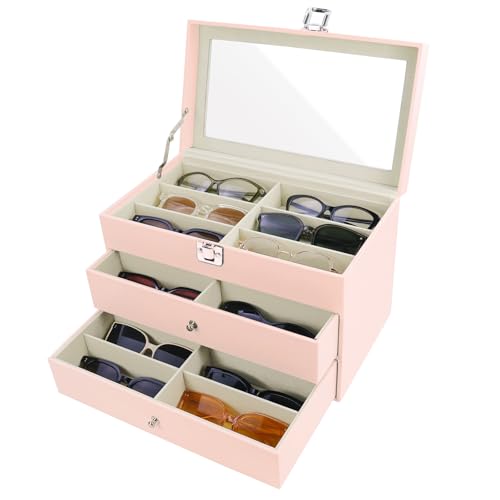 GRTCZYSL Sunglasses Organizer 18 Slots Multiple Pairs Glasses Storage Case Leather Eyeglasses Display Box for Women Men -3 Layers GoldPink