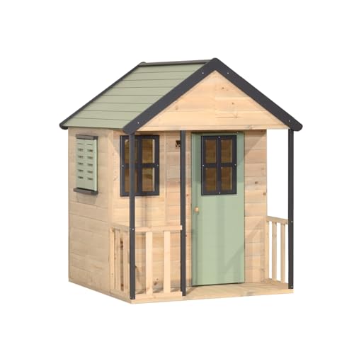 Wendi Toys Casita Infantil de Madera para Jardín, Caseta Exterior con Balcón, Puerta, Persiana y Suelo, Resistente a la Intemperie, 120×120×155 cm, Verde Pastel – M46PGN