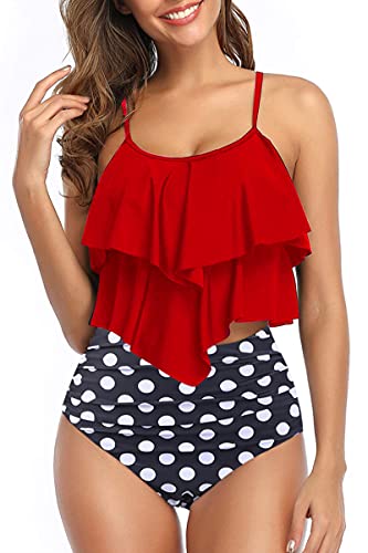 Womens High Waisted Bathing Suits Flounce Halter Tank Top Bikini Bottoms Tummy Control Modest Swimwear Two Piece Swimsuits Tankini Red Polka XL