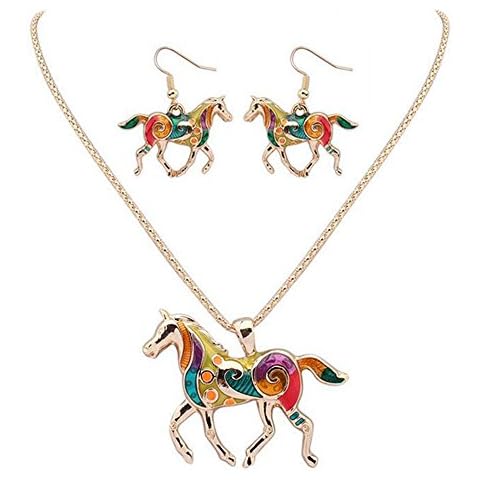 YINLI Charms Enamel Rainbow Horse Pendant Necklace Earrings Jewelry Sets Gold Plated (Gold) Cover