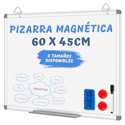 JUPPLIES Pizarra Blanca Magnética de Pared 60x45 cm con Marco de Aluminio y Bandeja – Incluye Rotulador, Imanes y Borrador – Whiteboard Ideal para Oficina, Escuela o Cocina, Fácil de Instalar