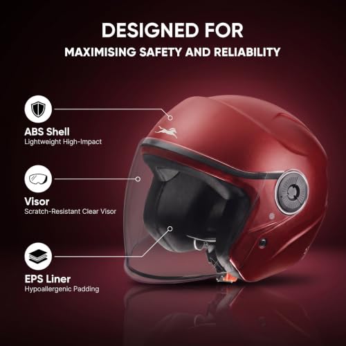 Image of TVS ACE ISI Certified Open face Unisex Helmet with Full Coverage Visor Available in 8 Colors | Lightweight Comfort-Fit Microfiber Liner Equipped with Quick Release Chin Strap