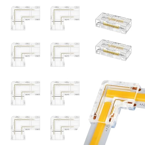 Domicubes 10 Pezzi Connettori per Strisce, 2 Pin 8mm Connettore Angolare a LED COB Senza Saldatura 8 Pezzi Forma a L e 2 Pezzi Connettori Centrali Trasparenti per Monocolore Strisce LED COB 12V 24V