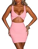 Kaximil Women's Sexy Bodycon Sleeveless Cut Out Ruched Tank Mini Club Party Dresses, Small, Pink