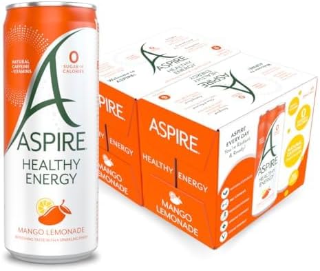 ASPIRE Mango Lemonade Healthy Energy Drink – 12 x 330ml Cans – Zero Calories & Zero Sugar – Natural Plant Based Caffeine – Vegan & Gluten Free | Sold by Bargain Hub
