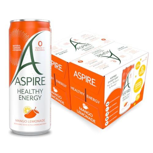 ASPIRE Mango Lemonade Healthy Energy Drink – 12 x 330ml Cans – Zero Calories & Zero Sugar – Natural Plant Based Caffeine - Vegan & Gluten Free | Sold by Bargain Hub