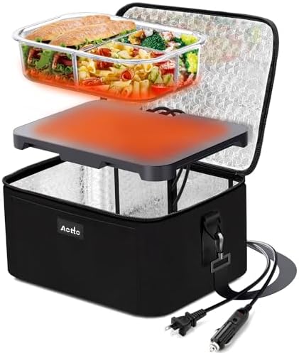 Aotto Electric Lunch Box Food Heater - 12V/24V/110V 3-in-1 Portable Oven & Food Warmer, Heated Lunch Box for Adults, Cook, Reheat, Keep Meals Warm for Car, Truck, Office, Travel, Home - Black