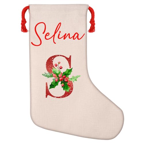 WACAR Personalized Christmas Stockings with Initial & Name, Custom Xmas Stocking Gift Bags with Drawstring, Holiday Fireplace Tree Decoration