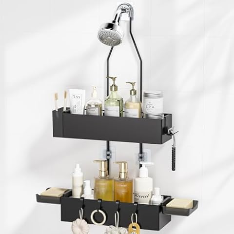 Amawarm Shower Caddy Hanging, Rustproof Shower Shelves Over Shower Head - No Drilling Inside Bath, Extended Length Shower Organizer with Soap Holder; Toothbrush Holder, Black Cover