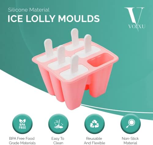 VOXXU 6 Slot Silicone Ice Lolly Moulds with Drip Stick, Funnel & Cleaning Brush  Reusable Popsicle Mould | Easy to Remove Ice Pop Moulds | Flexible & Durable Ice Lollies Moulds | BPA Free Lolly Maker