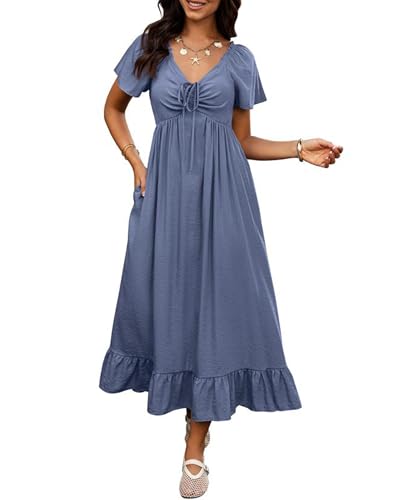 Image of BTFBM Womens Summer Dresses 2026 Casual Short Sleeve V Neck Drawstring Wedding Guest Maxi Dresses Boho Beach Long Dress