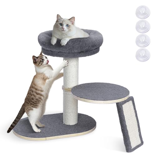 Rascador para gatos, torre de juego para gatos con barra de sisal estable de varios niveles, torre de escalada y 2 plataformas, 1 árbol de actividades nido para gatitos y gatos pequeños, gris claro