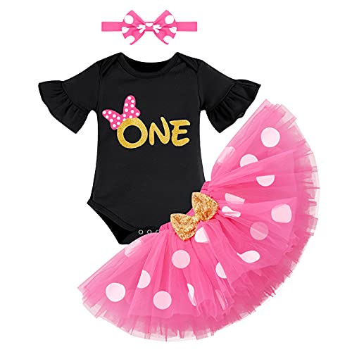 Kids First Birthday Gift Wild ONE Bodysuit Romper Onesie Sequin Bow-tie Tulle Tutu Polka Dots Skirt Cake Smash Costume Clothes Princess Baptism Christening Dress Hot Pink+Black 1T