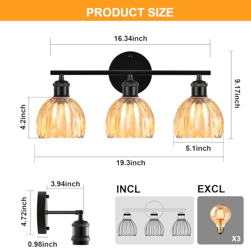 Image of Bathroom Light Fixtures, 3-Light Brushed Black Vanity Lights for Bathroom with Amber Tulip Glass Shade, 20 inch Vintage Bathroom Vanity Lighting Fixtures Over Mirror for Bedroom Living Room Hallway