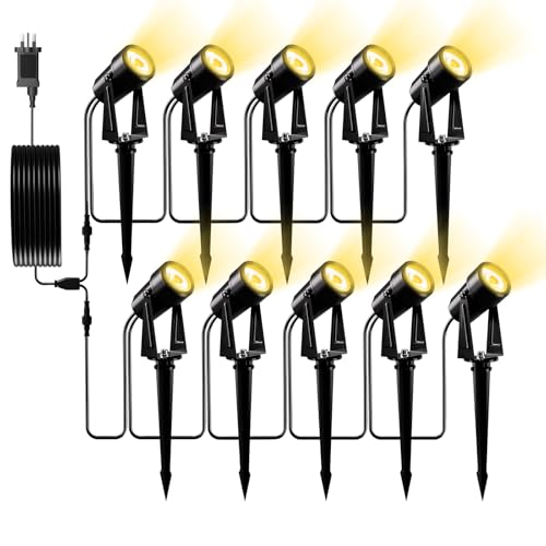 Yuusei Garden Lights Mains Powered, 10 in 1 Pack 31M Extendable Outdoor Spotlight, 3000K Warm White 27V LED Driveway Lights, IP65 Waterproof for Pathway, Fence, Pond, Yards