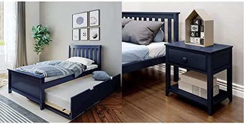 Max & Lily Twin Bed, Wood Bed Frame with Headboard for Kids with Trundle, Slatted, Blue & Nightstand with Drawer and Shelf, Blue