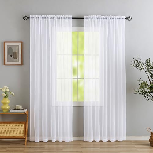 Image of White Sheer Tulle Curtains - 2 Panel Sets, 90 Inch Long, Rod Pocket, for Bedroom & Living Room