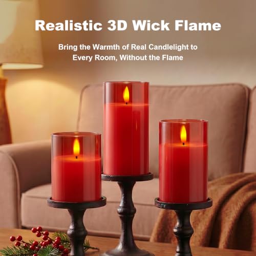Image of Amagic Christmas Glass Flameless Candles with Remote, Real Wax Pillar Candles Batter Operated with Timer, Red LED Fake Candle for Thanksgiving Decor, Set of 3, D3 xH4 5 inch 6 inch