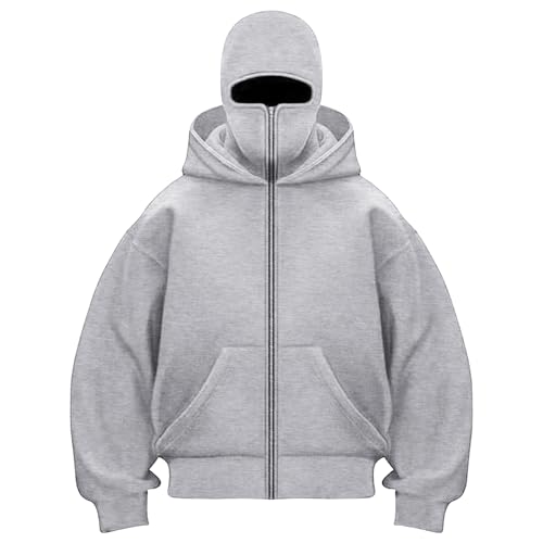 Sweat à Capuche Balaclava Zip Hoodie Zippé Homme Veste Chaude Hoodie Balaclava Cagoule Moto Masque Anti-Vent pour Sports de Plein Air Vélo Manteau Automne...
