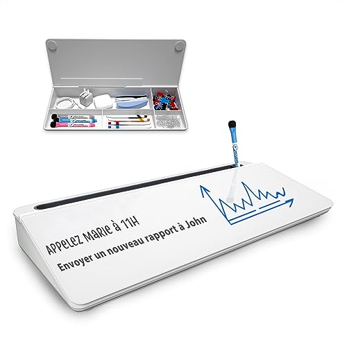 Petit Tableau Blanc de Bureau en Verre avec Boite de Rangement, Effaçable à Sec pour Notes et...