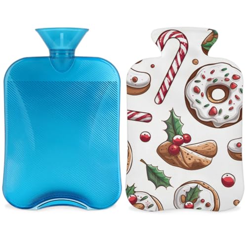 Hot Water Bottle with Soft Cover,2L Bright Xmas Biscuit Hot Water Bag for Hot and Cold Compress, Hand Feet Warmer, Rubber Hot or Cold Water Bottle Halloween Christmas Decorations