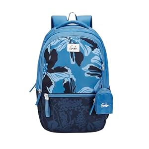 Genie, Noah School backpack for girls, 19” 40 Litres XL Size, 3 compartment with padded laptop sleeve, bottle holder, Rain Cover, happy pouch and Secret Pocket, Navy Blue, Floral Prints