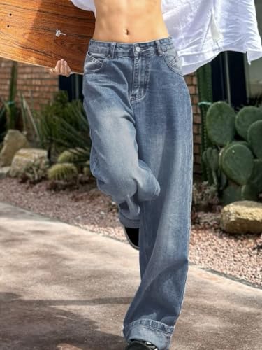 EMMIOL Women Baggy Jeans Patchwork Mid-Low Waist Wide Leg Jeans Boyfriends Pants 90s Loose Denim Pants3