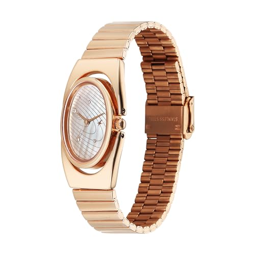 Image of Fastrack UFO Quartz Beige Yellow Shaped Dial Girls Watch | Rose Gold Colour Band | Watches for Girls Analog - 6318WM01