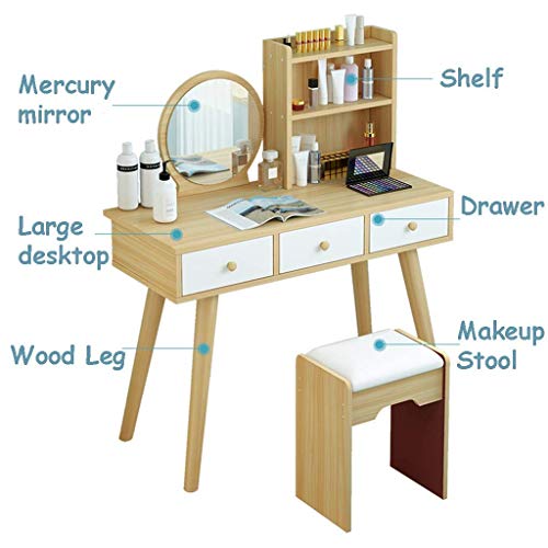 Tocador de madera con cajón de almacenamiento y espejo para dormitorio de niñas de 100 cm 4