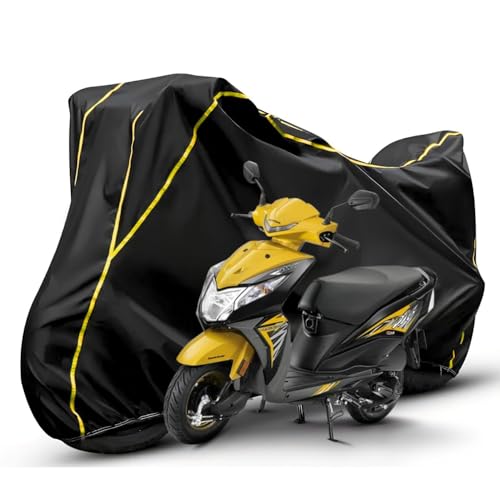 Image of Waterproof Bike Body Cover Compatible with Honda Dio Dustproof Scratchproof - Motorcycle Cover for Two Wheeler, Outdoor Full Cover with UV, Duty, Rain Protection (Black & Yellow) R1
