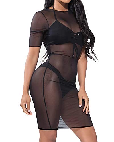 Allchic Vestido feminino sexy de malha transparente de manga curta transparente para usar em clubes,
